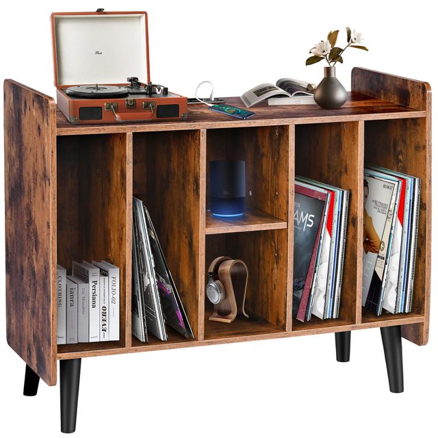 Large Player Stand with Vinyl Storage Turntable Stand with Power Outlet Vinyl Record Storage Cabinet for Bedroom Living Room