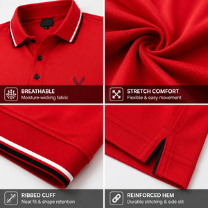 เสื้อโปโลสีแดงพรีเมียม แขนสั้น ระบายอากาศได้ดี แห้งเร็ว คุณภาพสูง ปักโลโก้ตามสั่ง สำหรับผู้ชาย ผลิตในจีน - Product Image 3