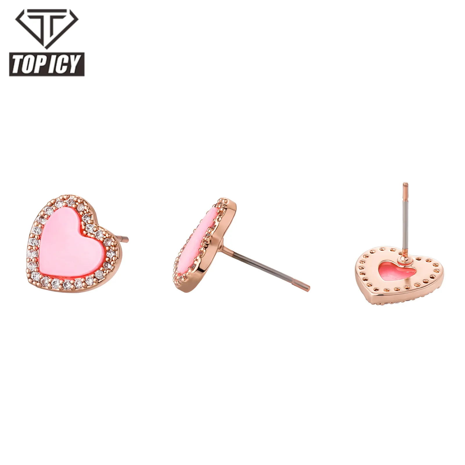 Top Icy Perhiasan Hip Hop Lucu Bentuk Hati Berlian Stud Berlapis Emas Cubic Zircon Hoop Earrings untuk Wanita Anting Perhiasan