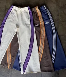 Özel Logo üreticisi erkekler örme Sweatpants sokak giyim rahat pantolon İpli bel şerit geniş bacak pantolon