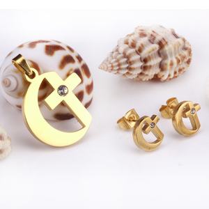 Fashion Stainless Steel 18k <b>Gold</b> Cross and Moon Women Necklace Jewelry <b>Sets</b> - Product Image 3