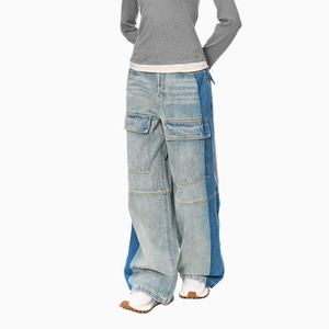 Pantalones Vaqueros Cargo Personalizados con Múltiples Bolsillos para Mujer, Estilo Urbano, Azul Claro, Holgados, Vintage, Desgastados, de Algodón Lavado - Product Image 2