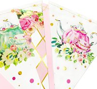 Décorations de fête du thé de printemps : Guirlande triangulaire en carton à motifs floraux, papillons, carreaux, rose et or, pour diverses occasions