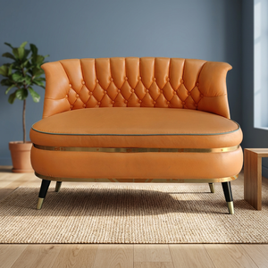 Tufted Genuine Leather Chesterfield <b>Sofa</b> Two Seat Oval Shape Midcentury Modern Design Curved Arms Metal <b>Legs</b> - Product Image 2