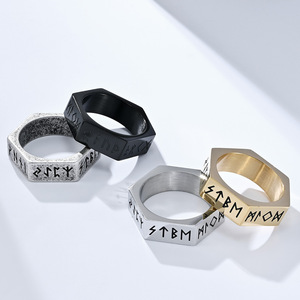 Bague en acier inoxydable avec texte viking nordique, Rune Luen, en acier titane, motif hexagonal neutre - Product Image 5