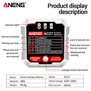 Testeur de prise ANENG AC27, testeur de tension, détecteur de prise, fil de terre, fil sous tension, vérification de la polarité, vérification de la phase, outil de vérification de circuit, prise EU/US - Product Image 4
