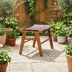 Midcentury Modern Outdoor <b>Wooden</b> <b>Footstool</b> With Woven Leather Seat Durable Teak Frame For Garden Patio Use - Product Image 1