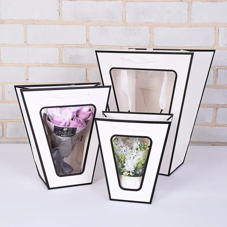 Custom printed logo Luxury white waterproof cardboard paper flower bag bouquet gift Bag with transparent window