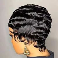 Perruque Courte Bouclée 100% Cheveux Humains Vierges Brésiliens Couleur Noire 1B Sans Chute Densité 300% Sans Colle Entièrement Tissée