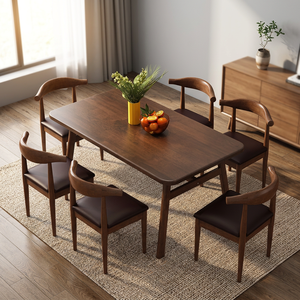 Modern Teak Wood 6 Seater <b>Dining</b> Table Set with Padded Cowhorn <b>Chairs</b> - Product Image 3