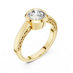 Bague de fiançailles et de mariage classique en or massif avec diamant de laboratoire personnalisé serti clos, certifiée IGI, bande gravée ronde - Product Image 1