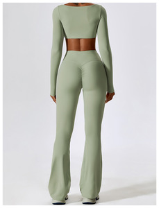 Women Long Sleeves Crop Top &amp; Wide Leg Flare Pants Gym Fitness Wear Set Workout Sports Clothes Pilates Yoga Outfits - Product Image 2