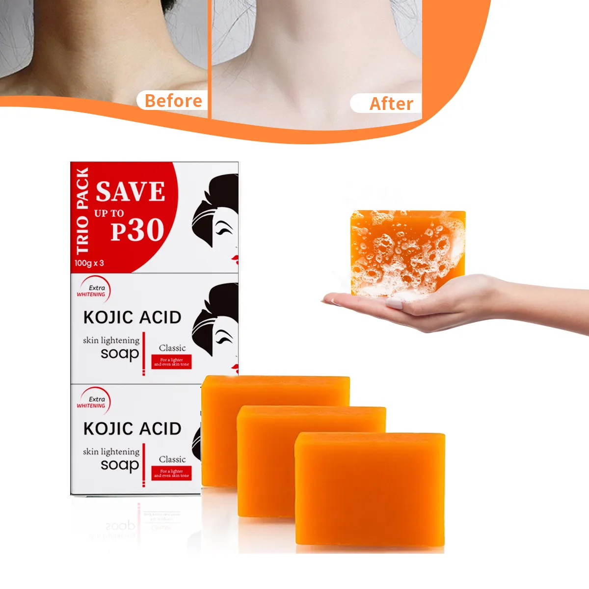 20 Jaar Fabriek Groothandel Huid Whitening Lady Bad Zeep Kojic Zuur Zeep Reiniging Van Goede Kwaliteit Kojic Zuur Zeep Trio Pack 100G * 3