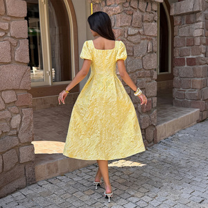 Robe midi vintage élégante pour femme, à manches courtes, col <span class=keywords><strong>carré</strong></span>, jacquard, coupe princesse, ajustée, style A-line - Product Image 4