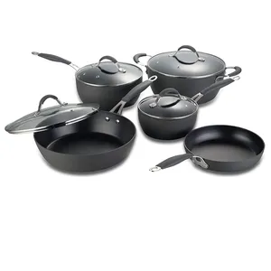 卸売 黒フライパンオフィス-環境にやさしい9個の黒い鍋誘導キッチン調理アルミノンスティック調理器具セット