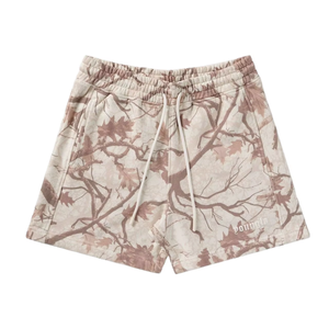 กางเกงขาสั้นชายสไตล์เรโทรสำหรับออกกำลังกายหรือใส่ไปชายหาด ลายพรางต้นไม้ใบไม้แห้ง พร้อมโลโก้ OEM แบบกำห<span class=keywords><strong>น</strong></span>ดเอง เอวยางยืด สไตล์ทางการ - Product Image 1