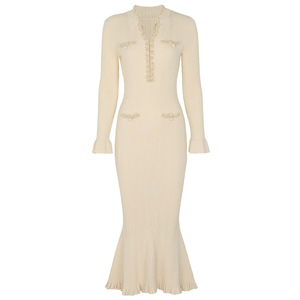 Nuovo Abito Midi alla Moda, Semplice, Lavorato a <span class=keywords><strong>Maglia</strong></span>, con Scollo a V, Aderente, con Perline Fatte a Mano e <span class=keywords><strong>Maniche</strong></span> <span class=keywords><strong>Lunghe</strong></span> - Product Image 1