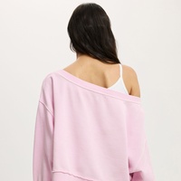 Sweat-shirt d'hiver pour femme, gris chiné, à épaules tombantes, manches longues, coupe courte, avec logo brodé personnalisé, style décontracté