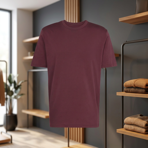 เสื้อยืดคอกลมสีแดงเบอร์กันดีพรีเมียมสำหรับผู้ชาย แขนสั้น ผ้าฝ้าย ลำลอง เรียบง่าย - Product Image 3