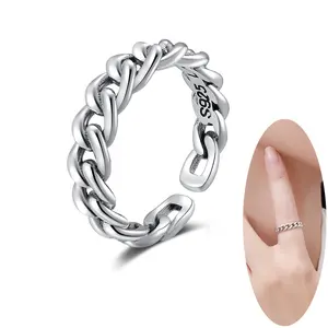 Wholesale Hip Hop 925 Sterling Silver Link Chain Open Ring Cuban Vintage Rings Man Woman Finger Knuckle Stacking Adjustable Ring