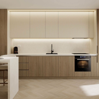 Solution complète pour la personnalisation de toute la maison : Cuisine en bois avec îlot en quartz et marbre, grand rangement, évier, robinet, panier et accessoires