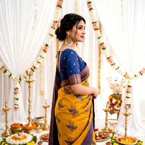 Sari de seda amarillo para mujer con estampado de pavo real azul y blusa, ropa tradicional india para bodas - Product Image 6