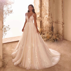 LY-WD0104 Elegante Vestido de <span class=keywords><strong>Novia</strong></span> Color Marfil, <span class=keywords><strong>Falda</strong></span> Línea A con Lentejuelas, Encaje y Tul, Cuello en V, Sexy, Talla Grande, Largo hasta el Suelo, Sin Mangas - Product Image 1