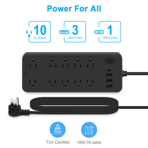 Protector contra sobretensiones directo de fábrica Enchufe plano con 10 salidas 3 puertos USB 1 Cable de extensión tipo C 1250W Tira de alimentación para oficina en casa - Product Image 4