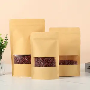 Stand Up fermuar kahverengi Kraft kağıt açılıp kapanabilir kilitli isı yapışmalı gıda depolama Doypack ambalaj torbalar çanta temizle pencere ile