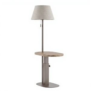 Indoor Floor <b>Lamp</b> With Wooden <b>Shelf</b> Beige Fabric Drum Shade Metal Base Adjustable Height Light Source E27 E26 Vietnam Lumetal - Product Image 1