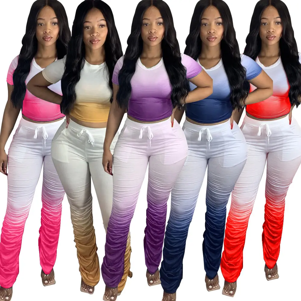 S~4XL Plus Women Sport Gradient two piece set Tracksuit V-neck T-shirt Stacked Flare jogger Suit Sweatpants Matching Set outfit