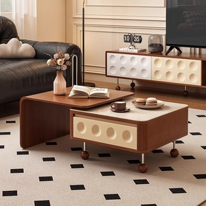 French Vintage Style Extendable Coffee <b>Table</b> Wood Top Multi Functional Square <b>Sofa</b> <b>Side</b> <b>Table</b> Small Apartment Use - Product Image 1