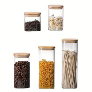 Wholesale Square Airtight Glass Storage Canister Clear Glass Food Storage Jar Set Kitchen Storage <b>Container</b> with Seal <b>Bamboo</b> Lid - Product Image 2