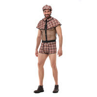 Disfraz de Cosplay para Hombre, Camisa Transparente con Cuello de Capa a Cuadros, Pantalones Cortos a Cuadros con Boina, Conjunto de Lencería para Adultos, Halloween, Carnaval