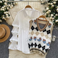 Ensemble 2 pièces pour femme : Gilet en maille Argyle style preppy vintage et chemise à manches lanternes – Nouveauté automne 2026 pour le quotidien