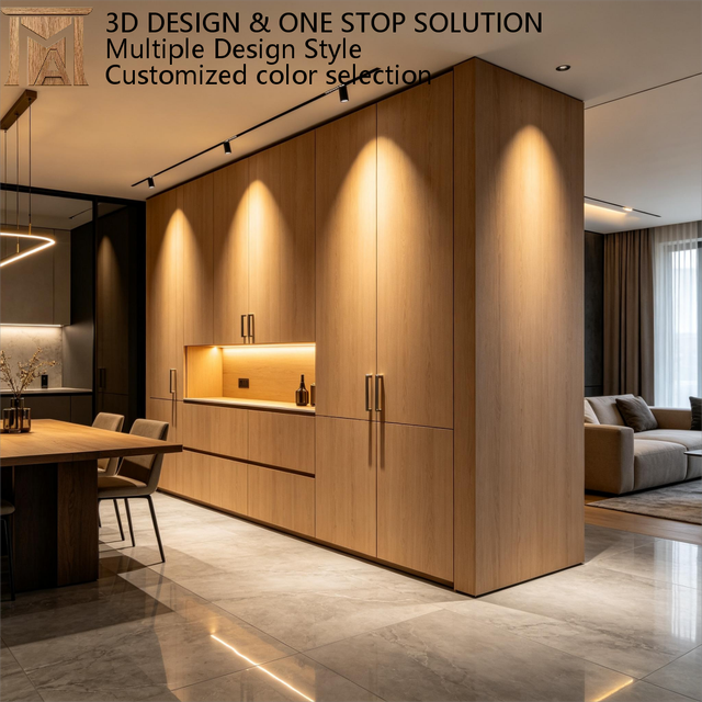 Italian Luxury Wood Grain Kitchen Cabinets Floor to Ceiling Tall Units Room Divider Custom Modular Furniture for Villa