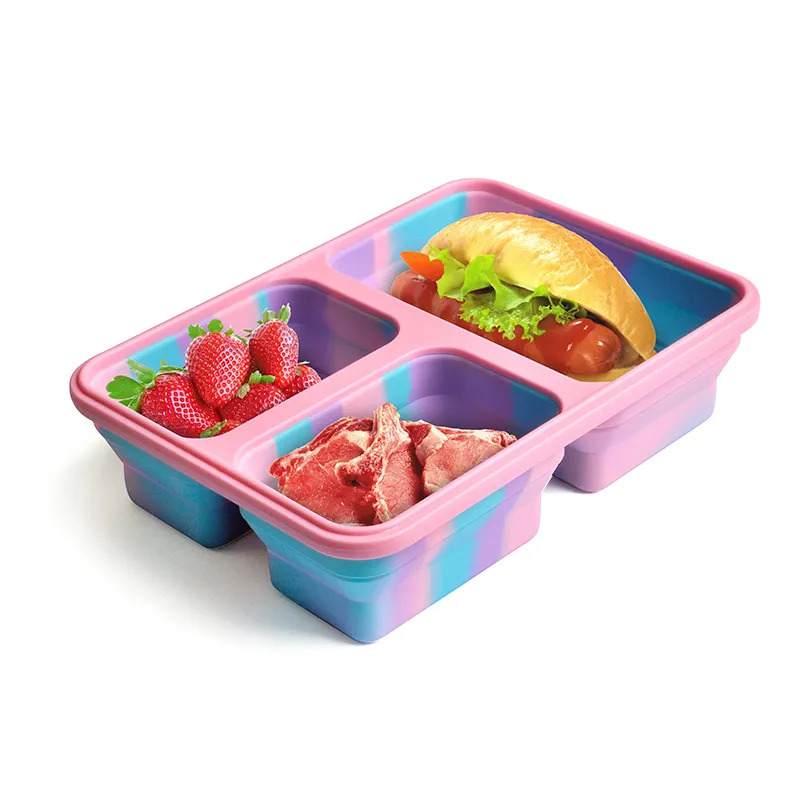 3 תא ילדים לדלוף הוכחה bento reable אחסון מזון מתקפל ילדים קופסאות צהריים סיליקון מתקפל קופסאות צהריים עם מזלג
