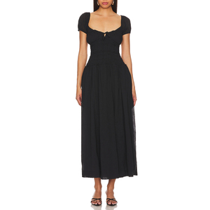 2024 Lady Stylish Cotton Long Puff Sleeve A-line Spaghetti Strap Bow Tie Neck <strong>Maxi</strong> Casual Backless <strong>Dress</strong> Summer Woman Clothing - Product Image 1