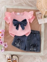 Vêtements pour enfants - Ensemble bébé européen et américain avec nœud papillon, t-shirt à manches courtes + short, tenue simple en deux pièces
