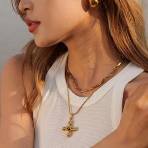 Collar de Cruz chapado en <span class=keywords><strong>oro</strong></span> de 18 quilates, piedra de ojo de tigre, joyería de moda, resistente al agua, sin decoloración, collar con colgante de acero inoxidable apilable - Product Image 2