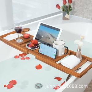 Wooden Bathtub Storage Rack Rectangular Extendable Tray For Fruit Snack Wine Glass Phone <b>Tablet</b> <b>Holder</b> Bathroom Shelf - Product Image 2