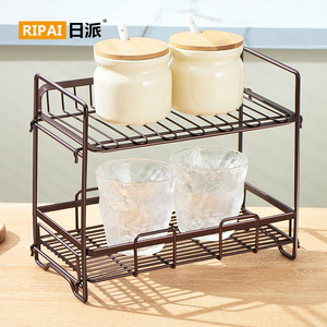 Ripai Double Layer Iron <b>Storage</b> Rack For <b>Kitchen</b> Condiment And Glassware Countertop Organizer With Wooden Lid M Size - Product Image 1