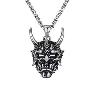Vintage Gothic Evil Demon Prajna Horn Ghost Skull Mask Pendant Necklace Stainless Steel Hip Hop Jewelry for Men
