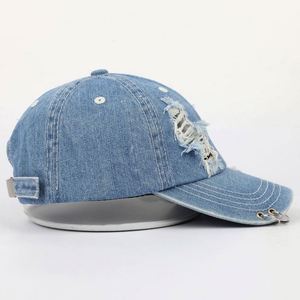 Manufactory Wholesale Most Popular 6 Panel Stylish Youth Fitted Unstructured Denim Jeans Distressed Baseball <b>Hat</b> - Product Image 5