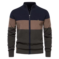 Cardigan tricoté zippé pour homme, personnalisé ODM, en nylon acrylique respirant et infroissable 240 GSM, à rayures, col montant, coupe ajustée, vente en gros