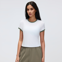 Top Deportivo Corto Transpirable con Ribete en Contraste, Cuello Redondo, Manga Corta, para Correr, Gimnasio, Entrenamiento, Ropa Deportiva al por Mayor, Top de Yoga para Mujer