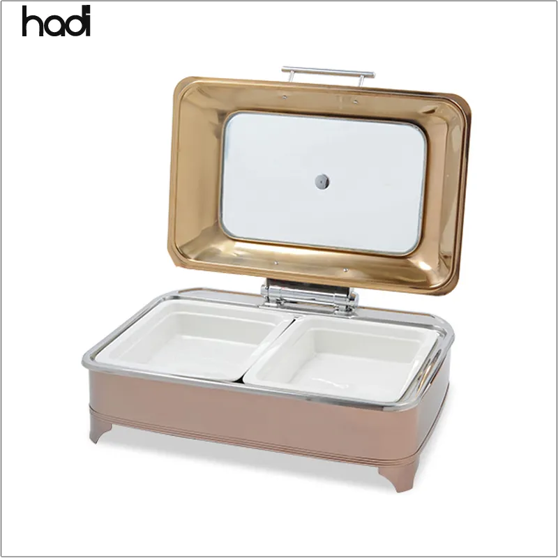 Thép không gỉ Ấn Độ Đồng chafing món ăn nhà hàng khách sạn 9L điện Bain Marie thực phẩm ấm hơn hình chữ nhật sứ chia