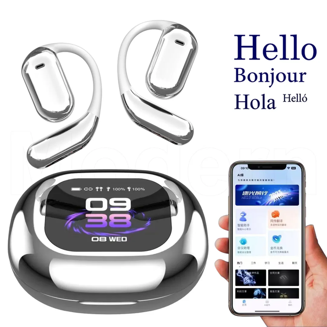 In Stock Real-time Ai Translation Earbuds TWS Wireless Earphones Open-Ear LED Smart Screen Ai Headphones Translator for Business