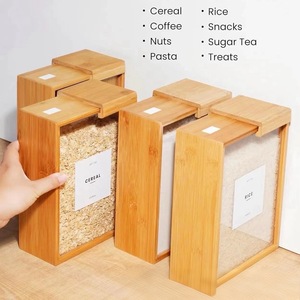 Caja de almacenamiento de granos con tapa deslizante de madera de bambú, rectangular, color natural, contenedor de alimentos para cereales, arroz, pasta, café, nueces, bocadillos, azúcar - Product Image 1