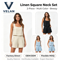 Ensemble deux pièces pour femmes VELAN avec logo personnalisé, tissu en lin blanc d'été, sans manches, ensembles décontractés pour femmes avec poche
